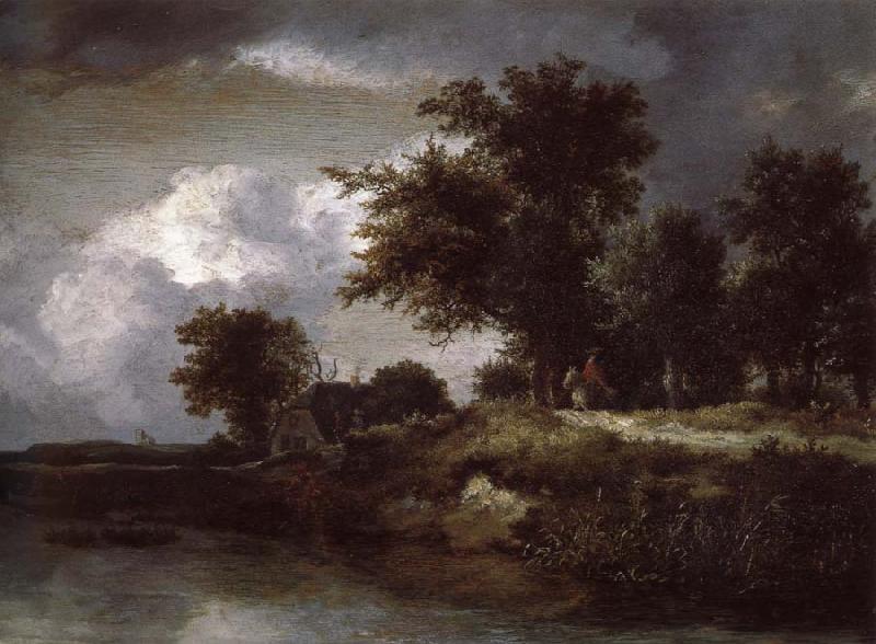 Jacob van Ruisdael Wooded river bank oil painting image